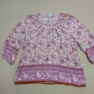 Adrienne Vittadini Women’s Pink and Cream Floral Print Peasant Blouse Size 1X